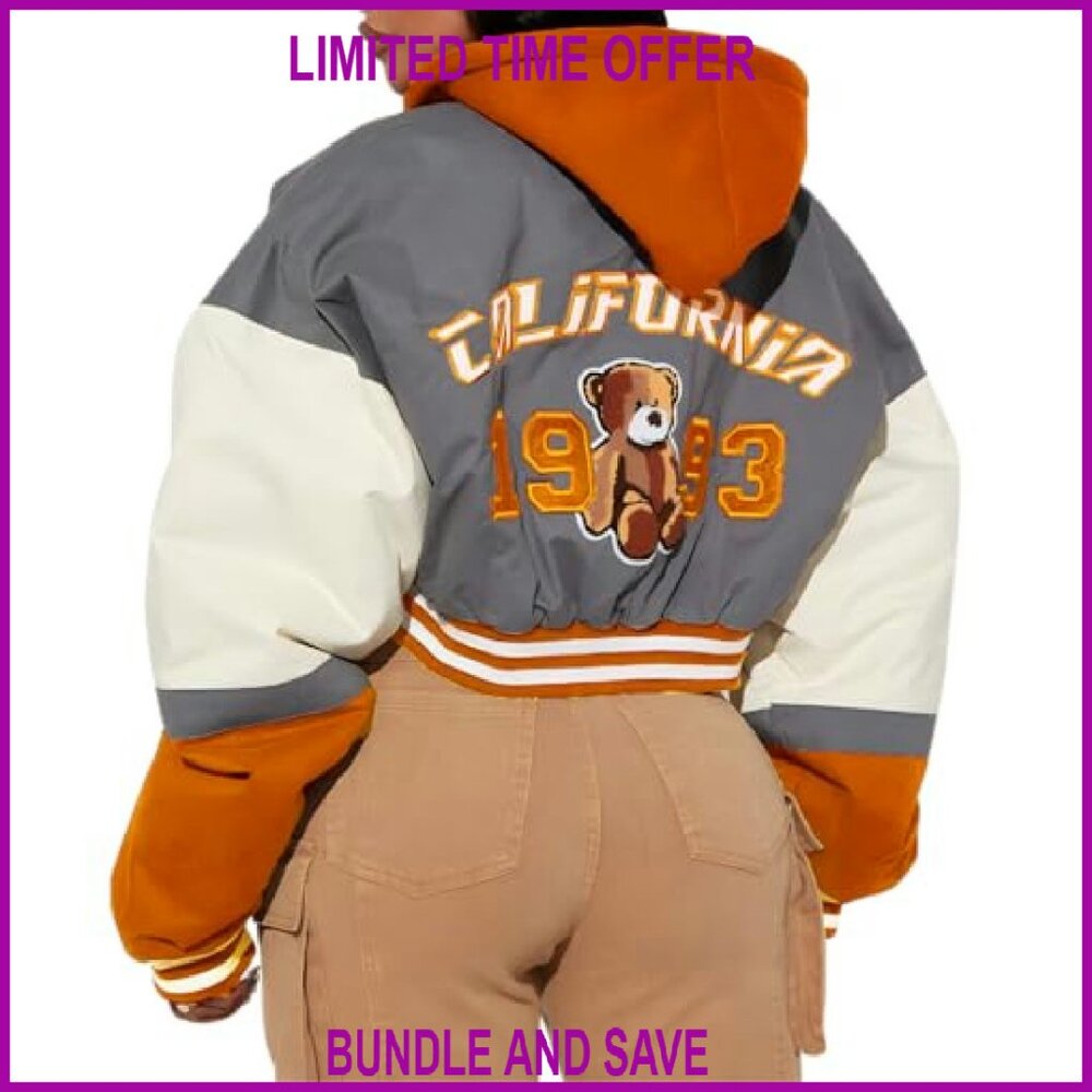 Lightweight Varsity Jacket with Hood, Patches, Button Closure, Stand-Up Collar - Picture 6 of 6